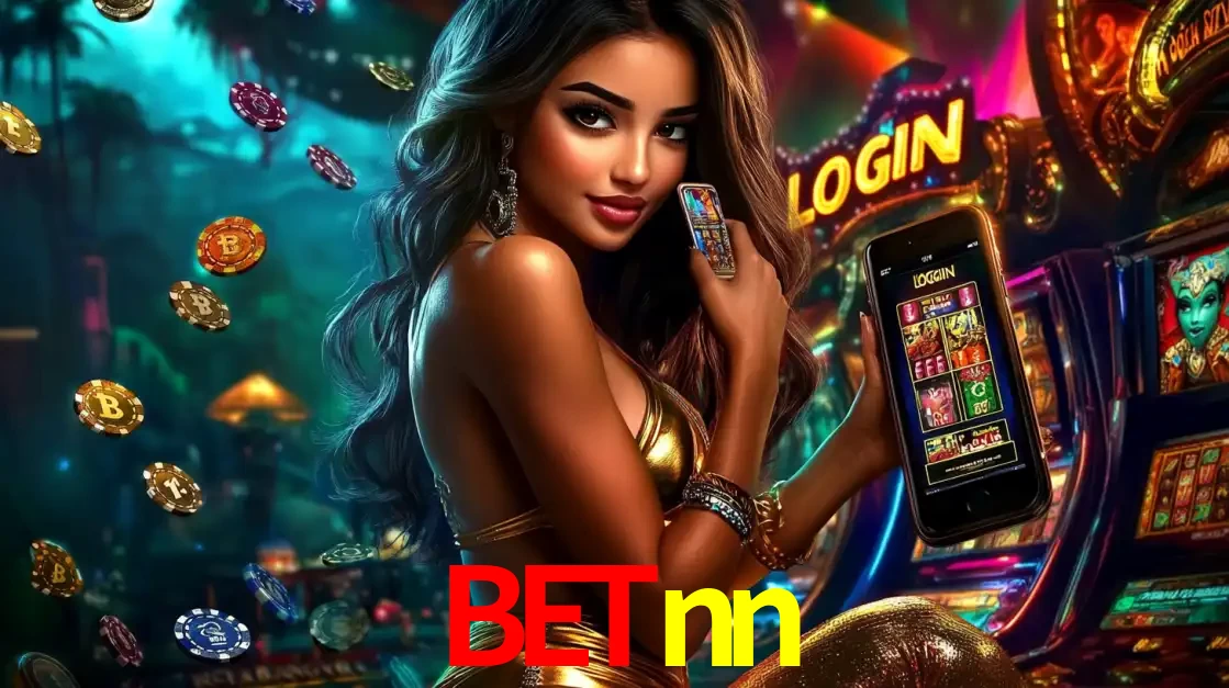 Mulher em um cenário de cassino temático de aventura, mostrando o app de caça-níqueis da betnn no celular. Fichas de apostas flutuam ao redor.