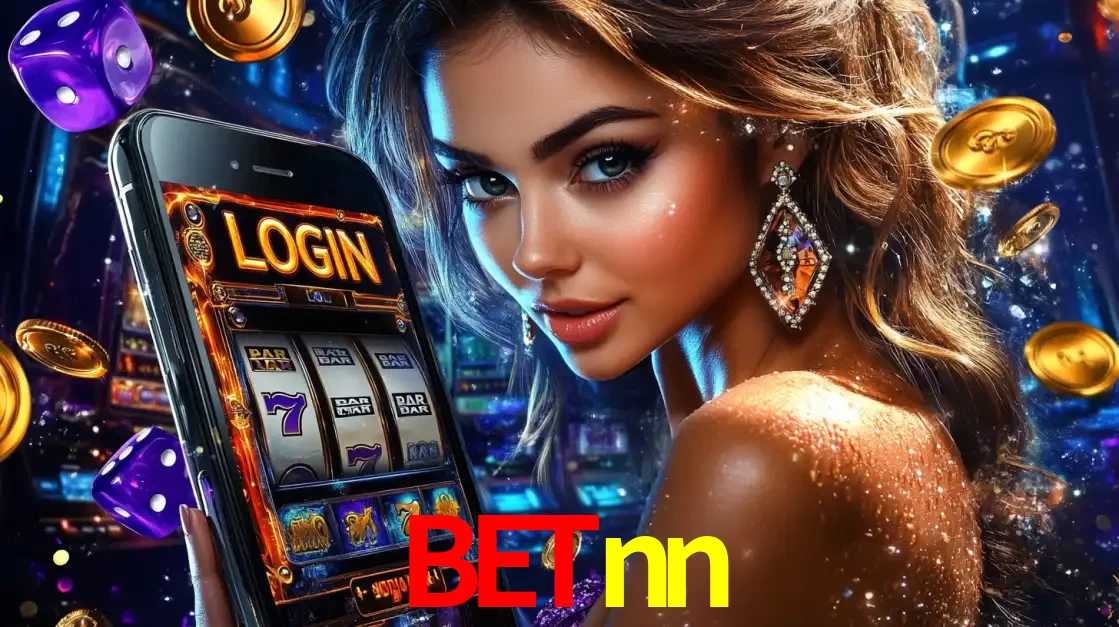 Mulher glamorosa segurando um smartphone com a tela de login para os jogos de caça-níqueis do cassino online betnn, com moedas de ouro e dados ao redor.