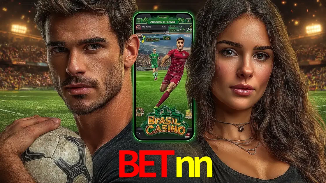 Homem segurando uma bola de futebol e uma mulher ao lado de um smartphone exibindo o jogo de apostas esportivas da betnn. Faça seu palpite no cassino online.